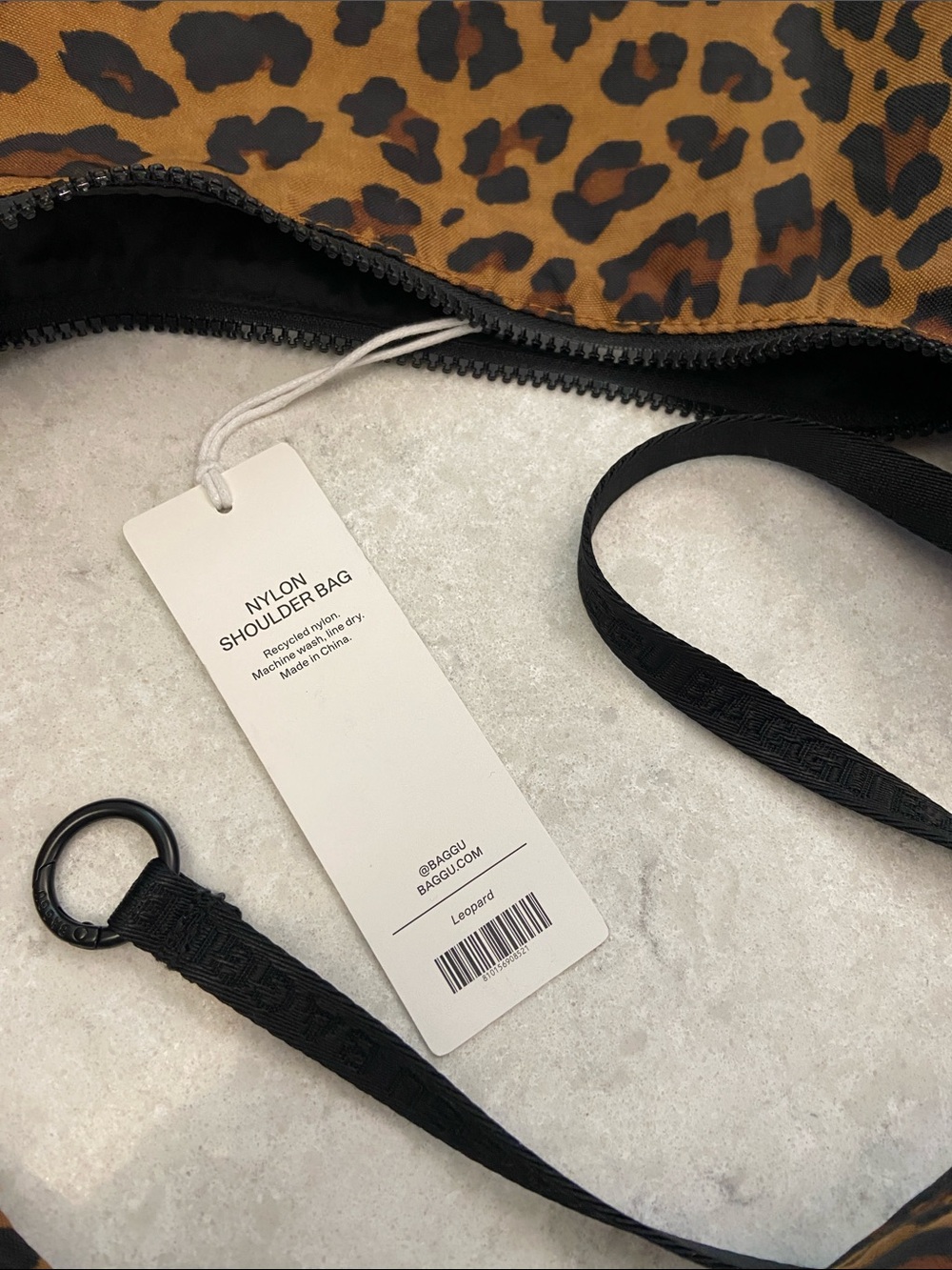 BAGGU Leopard-Print Nylon Shoulder Bag in Brown and Black, Adjustable Strap. - Picture 9 of 16